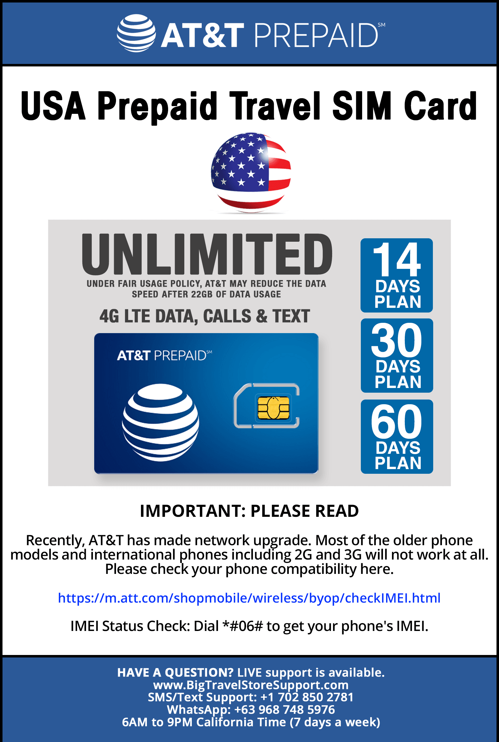AT&T Prepaid Travel SIM Card Unlimited Call, Text and Data for 30