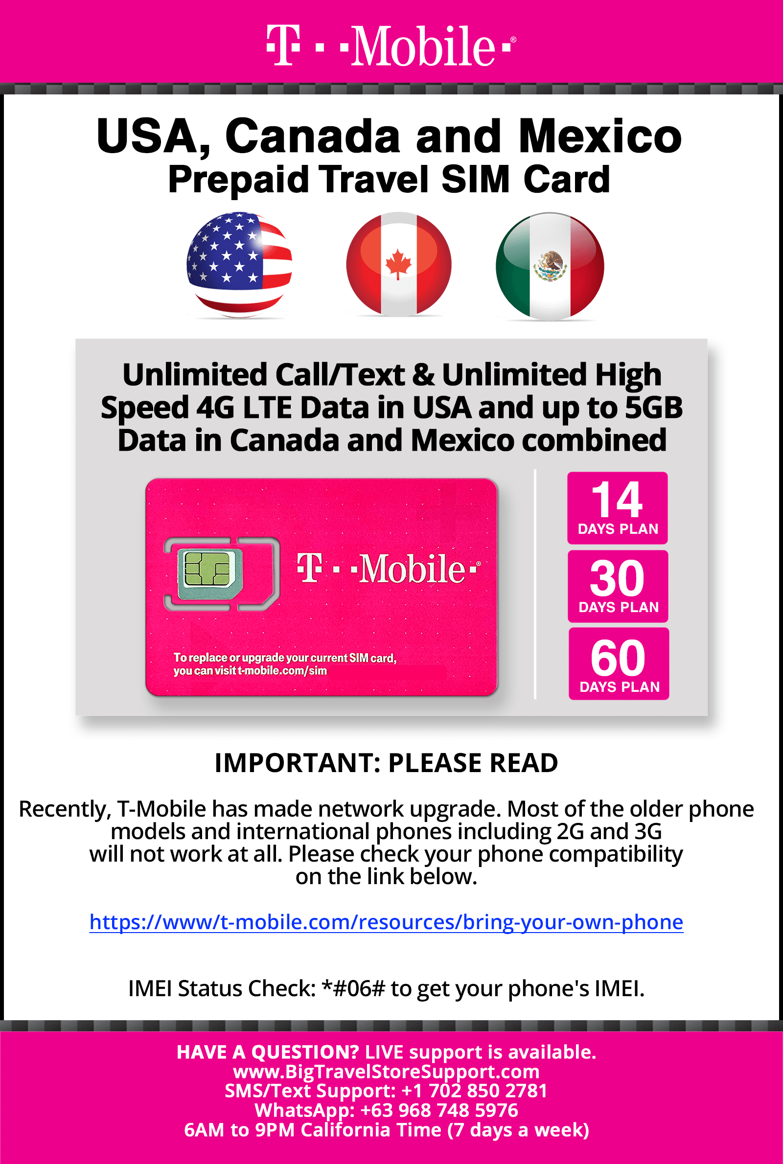 Tarjeta SIM prepaga de Canadá, México y Estados Unidos T-Mobile de 10 GB 4G  LTE de datos en Estados Unidos y 5 GB de datos en Canadá y México con
